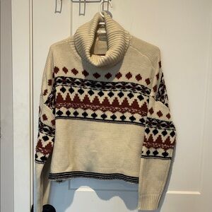 Cozy Cream and Blue oversized Patterned Turtleneck Sweater. B15